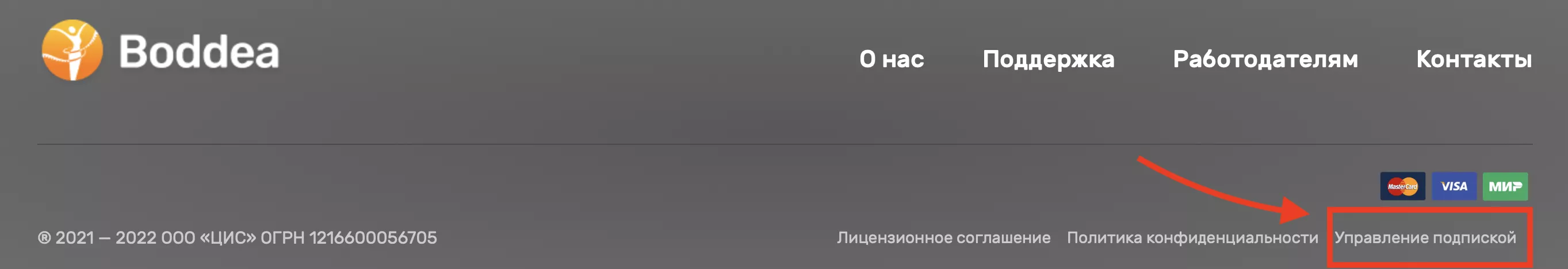 кнопка отписки от сервиса Boddea