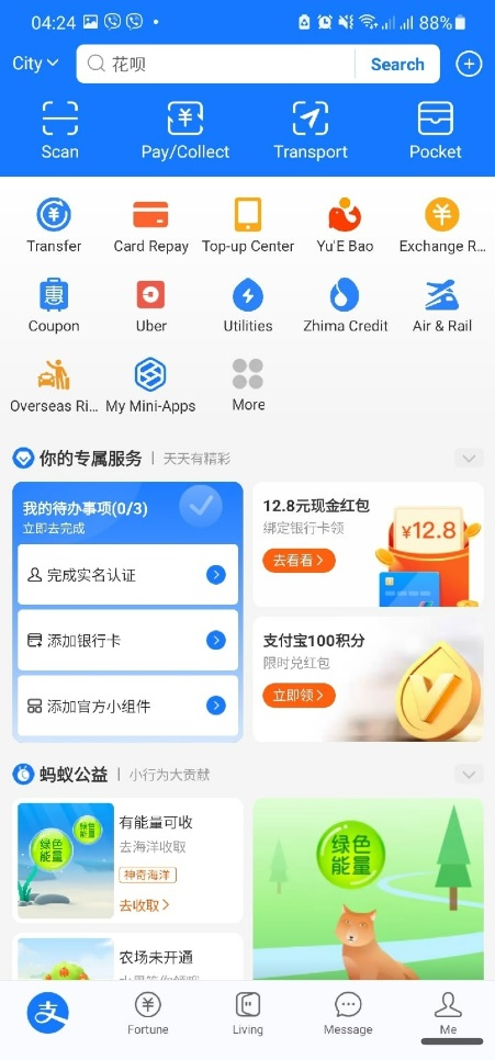 Главная страница личного кабинета приложения Alipay