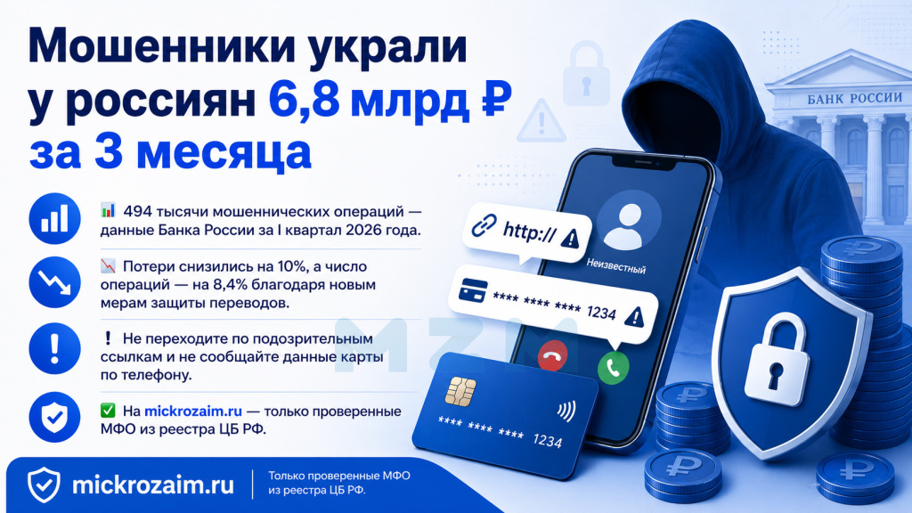 За 3 месяца мошенники украли у россиян 6,8 млрд рублей