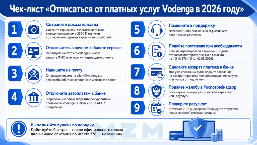 Чек-лист Отписаться от платных услуг Vodenga