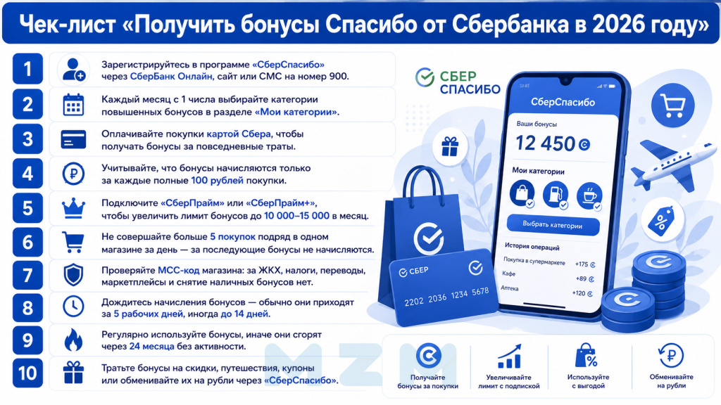 Чек-лист Получить бонусы Спасибо от Сбербанка
