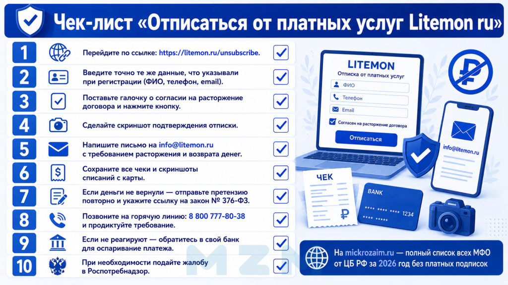 Чек-лист Отписаться от платных услуг Litemon ru