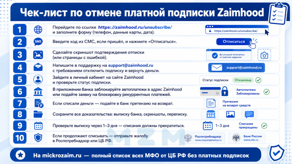 Чек-лист по отмене платной подписки Zaimhood