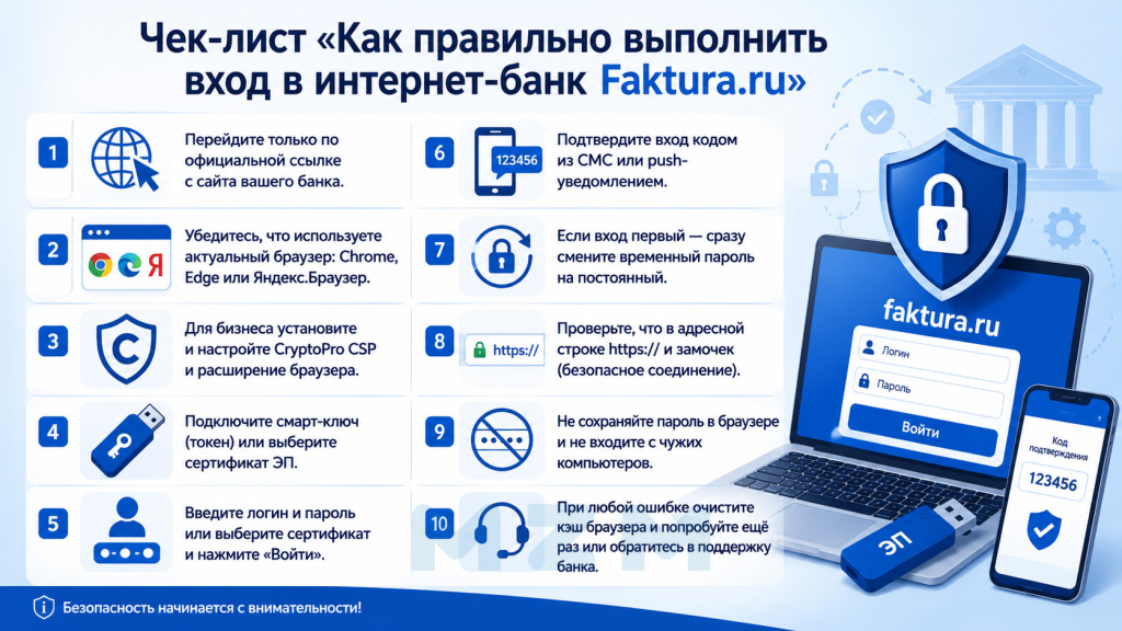Чек-лист по входу в интернет-банк с помощью Faktura.ru