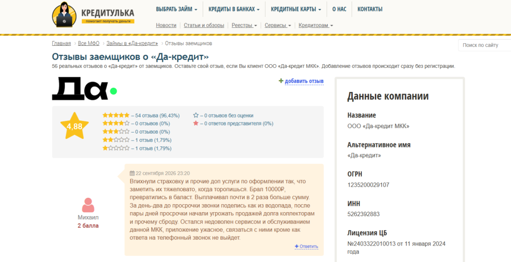 Отрицательный отзыв заемщика на сайте «Кредитулька»