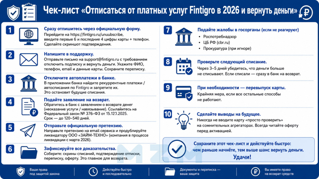 Чек-лист Отписаться от платных услуг Fintigro в 2026 и вернуть деньги