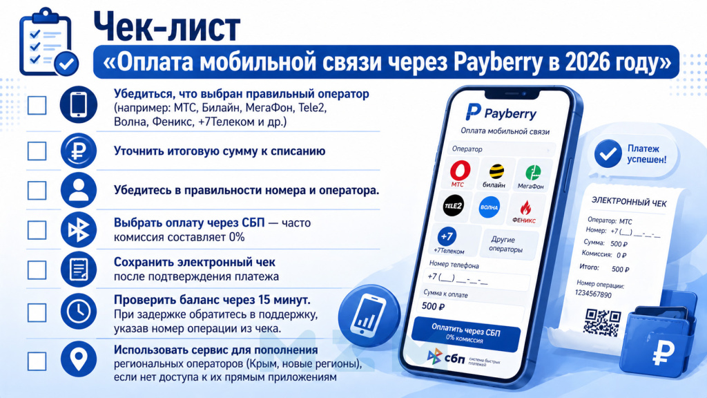 Чек-лист Оплата мобильной связи через Payberry