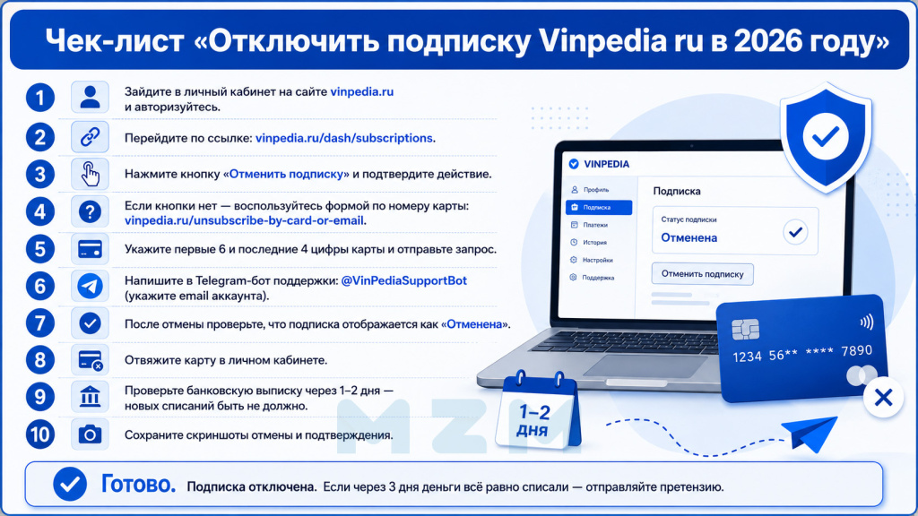 Чек-лист Отключить подписку Vinpedia ru