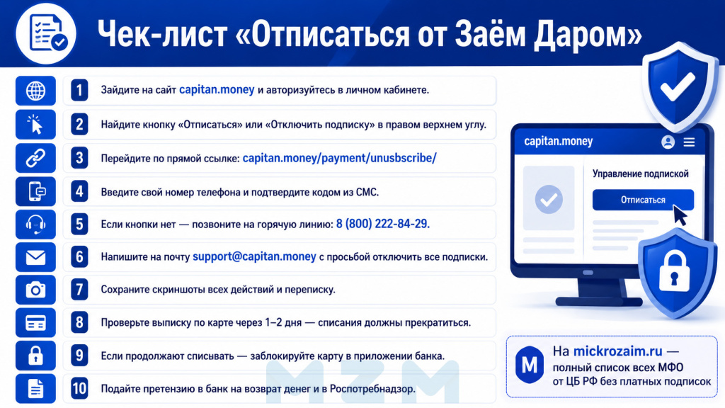 Чек-лист «Отписаться от Заём Даром»