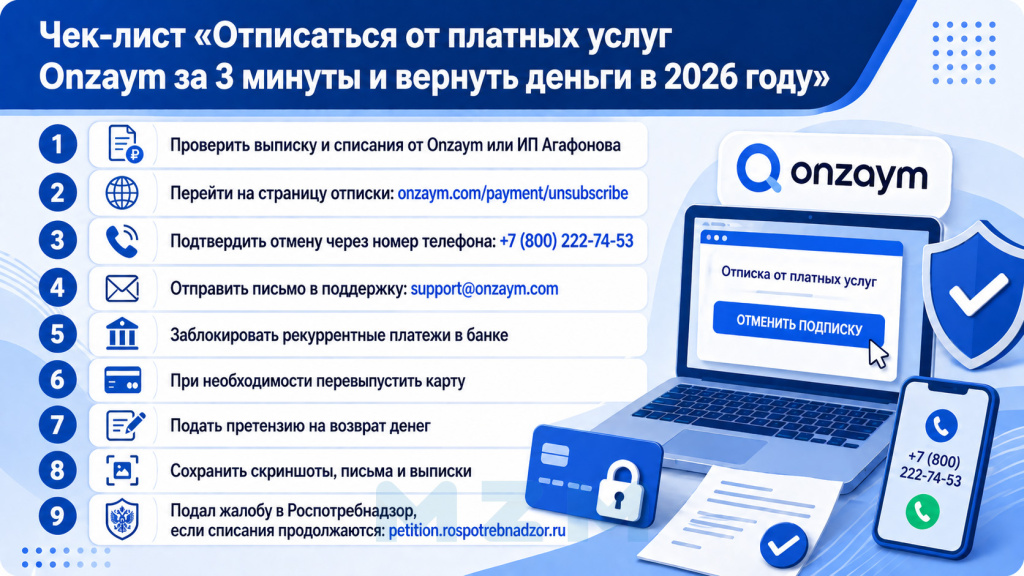 Чек-лист Отписаться от платных услуг Onzaym
