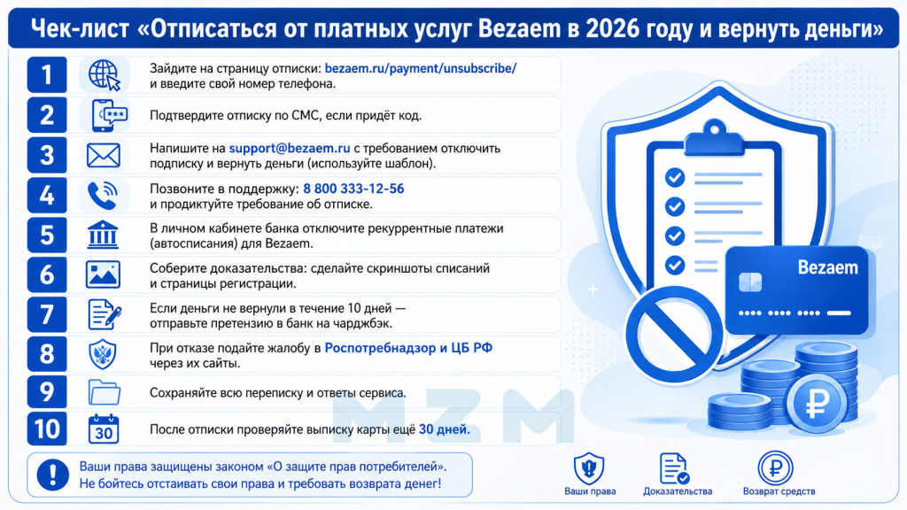 Чек-лист Отписаться от платных услуг Bezaem в 2026 году и вернуть деньги