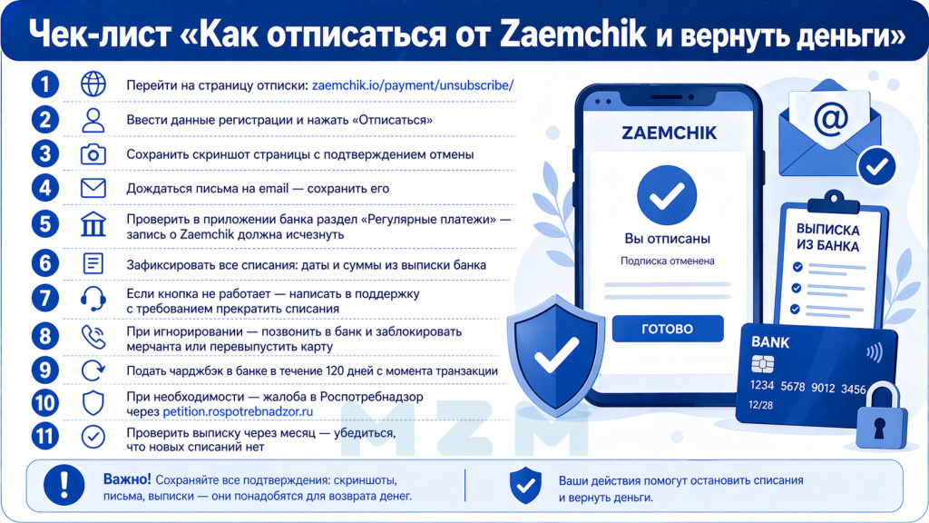 Чек-лист Как отписаться от Zaemchik