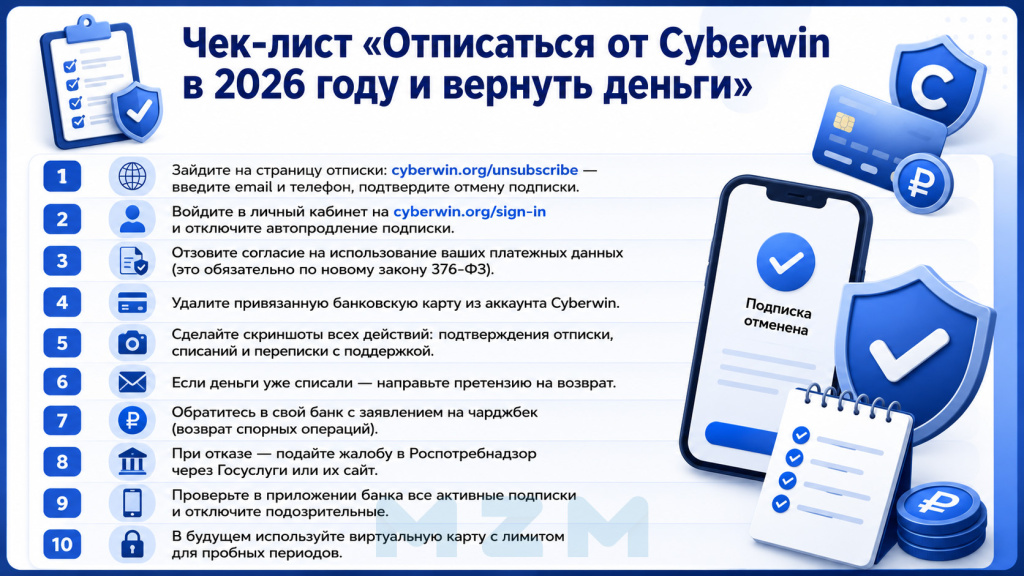 Чек-лист «Отписаться от Cyberwin в 2026 году и вернуть деньги»