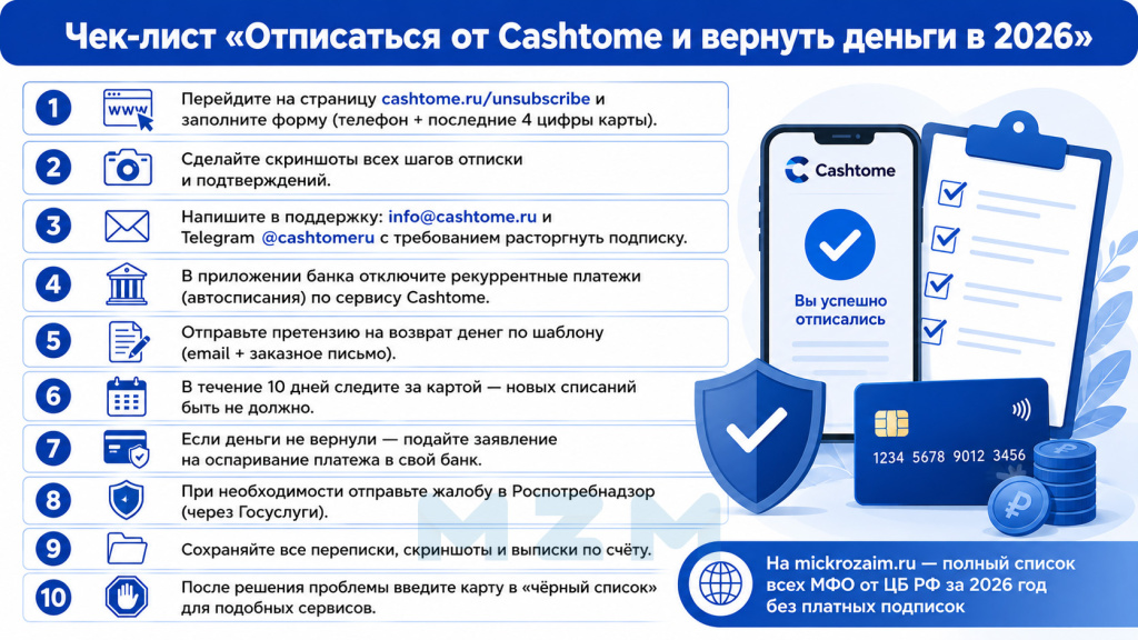 Чек-лист Отписаться от Cashtome и вернуть деньги