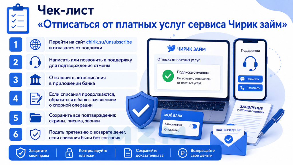Чек-лист Отписаться от платных услуг сервиса Чирик займ