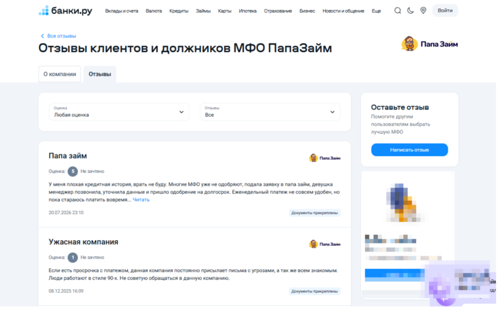 Отзывы о МКК «Папа Займ» на портале «Банки.ру»