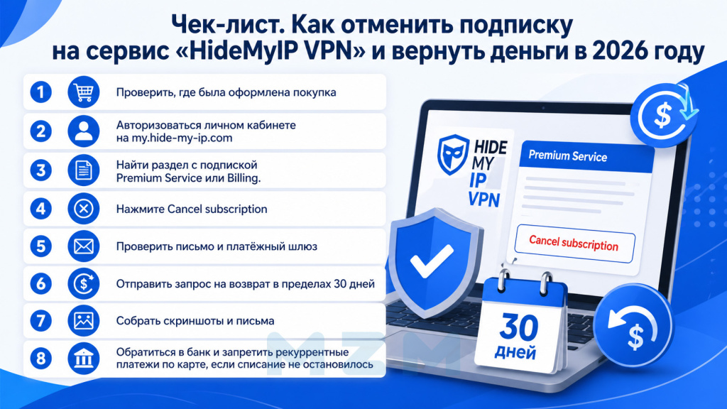 Чек-лист Как отменить подписку на сервис HideMyIP VPN