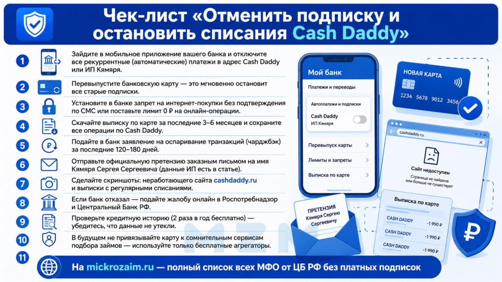 Чек-лист Отменить подписку и остановить списания Cash Daddy
