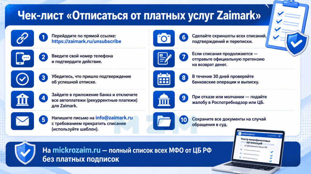 Чек-лист Отписаться от платных услуг Zaimark