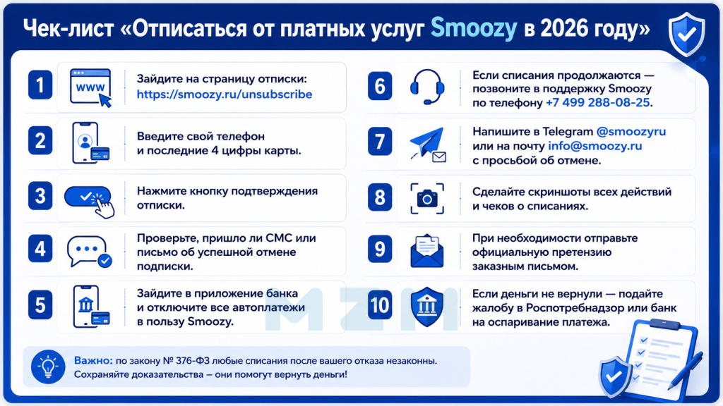 Чек-лист Отписаться от платных услуг Smoozy