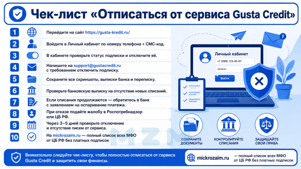 Чек-лист Отписаться от сервиса Gusta Credit