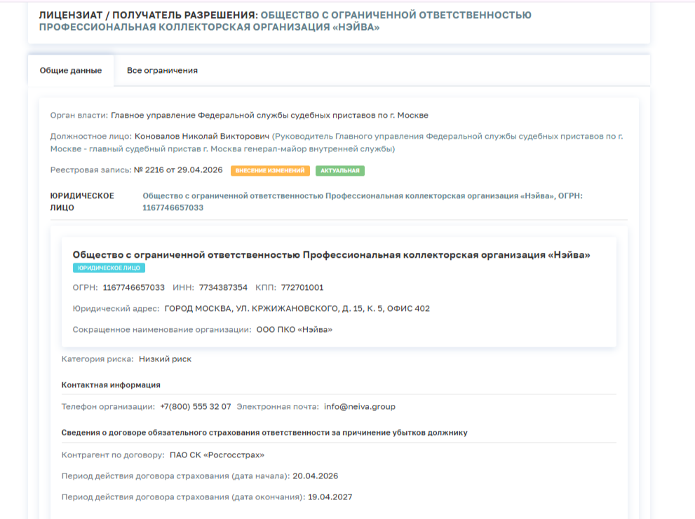 Информация о КПО «Нэйва» из реестра ФССП