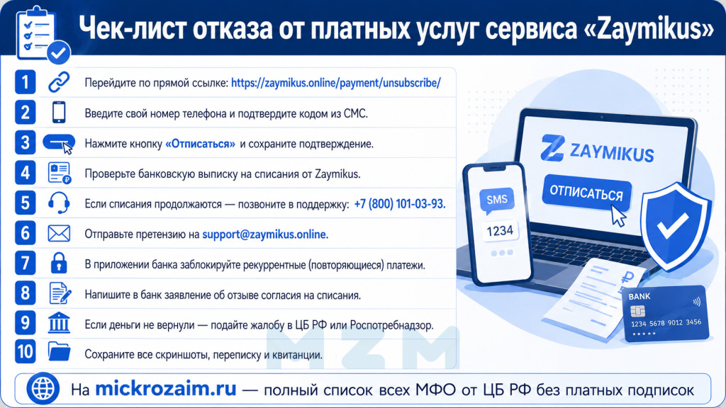 Чек-лист отказа от платных услуг сервиса «Zaymikus»